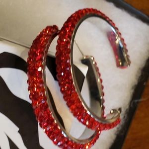 Red rhinestone hoop earrings